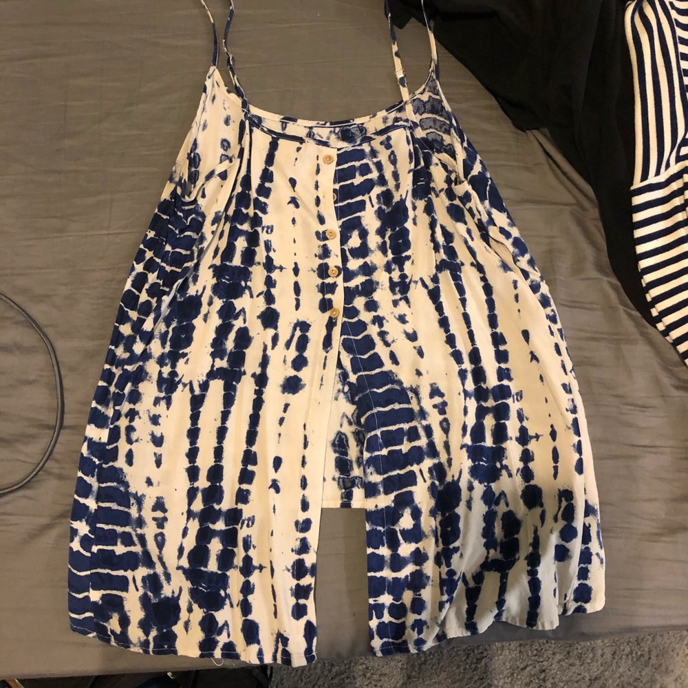 Blue and white button back tank top